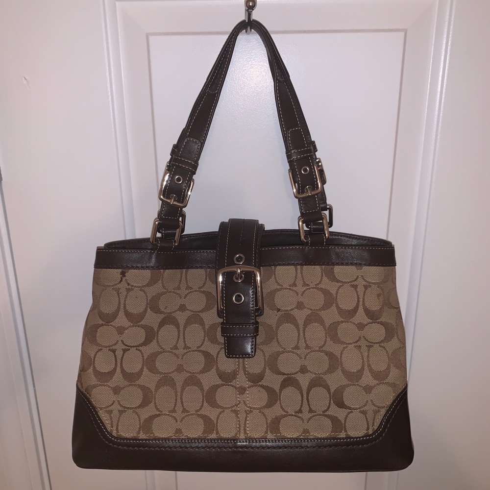 Brown Coach Print Buckle Shoulder Bag